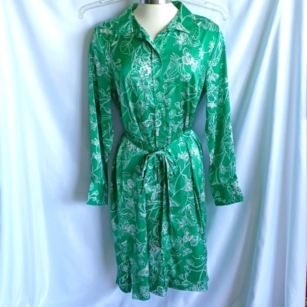 Ophelia Roe Kelly Green Floral Silky Button Front Shirt Dress Romantic, M